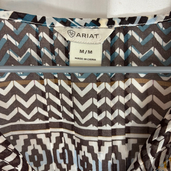 Ariat Boho Sheer Geometric Print Brown Teal Peasant Blouse Size M - Picture 4 of 6